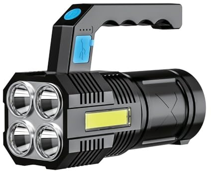 TERRE JARDIN Lampe Torche Rechargeable 200 lumens IP44 - USB, 4 LED | Lampe torche portable 200 lumens avec 4 LED 7000K et bande lumineuse latérale, rechargeable par câble USB 20 cm