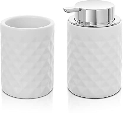 Inbagno Set Accessori Bagno 2 Pezzi, Dispenser Sapone e portaspazzolini, in Ceramica Colore Bianco, Linea Cristal