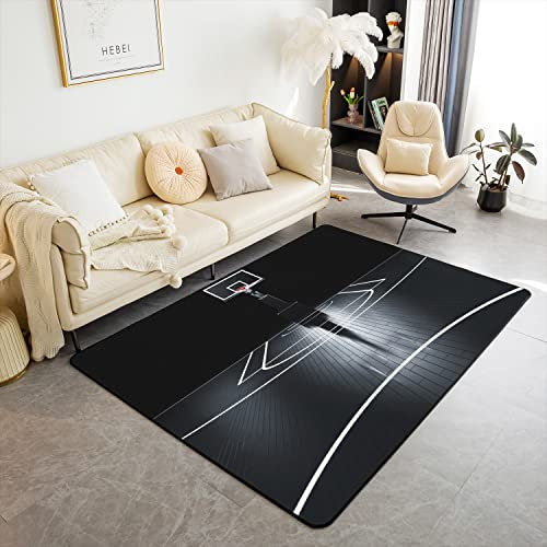 Loussiesd Basketball Court Area Teppich 100x150cm Basketball Teppiche für Wohnzimmer Schlafzimmer Basketball Sport Dekorativer Teppich Gamine Sport Indoor Bodenmatte Schwarz Weiß Akzent Teppich