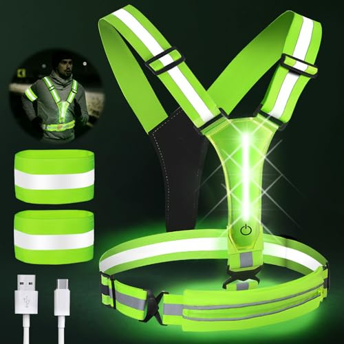 Sylanda LED Warnweste, mit LED Beleuchtung und 2 Reflektorbänder Joggen Elastische Verstellbare Leuchtweste Reflektierende Fahrrad Reflektorweste für Joggen, Wandern oder Radfahren in der Nacht