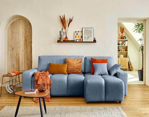 Lisa Design Crocus - 4 -Sitzer Ecksofa beidseitig montierbar - mit Schlaffunktion und Bettkasten - aus Stoff Schieferblau