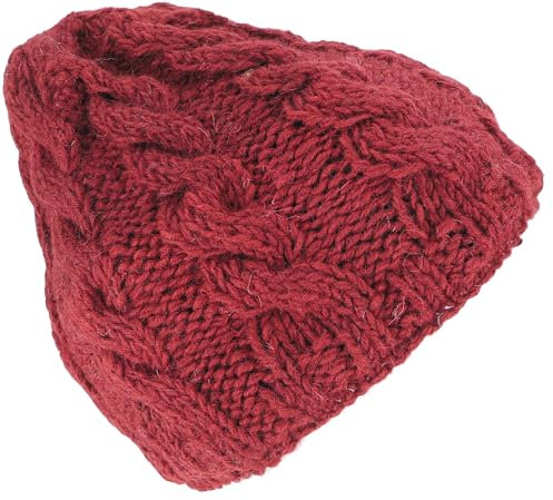 GURU SHOP Handgestrickte Wollmütze mit Zopfmuster, Strickmütze aus Schurwollle, Wintermütze - Weinrot, Herren/Damen, Synthetisch