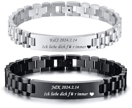 Paar Armband Silber Personalisiertes : Geschenk Armkette für Herren Damen Edelsathl 21.5cm Gravur Männer Frauen Glieder armbänder Junge Schmuck für Papa Sohn Geburtstagsgeschenk Vatertagsgeschenk