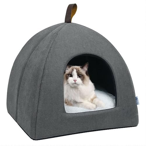 Voarge Katzenhöhle Katzenbett, weiche Katzenhöhle, weiche warme Plüsch-Katzenbetten, Katzennest mit herausnehmbarem Innenkissen (Grau L)