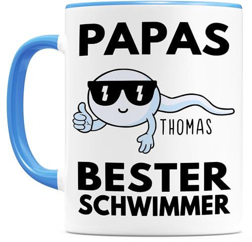 Papas bester Schwimmer Tasse personalisiert Kaffeetasse Vatertagsgeschenk Geschenk für Papa vom Kind Kaffeebecher Vater Geburtstagsgeschenk Vatertagstasse Keramiktasse 330ml (1 Kind)