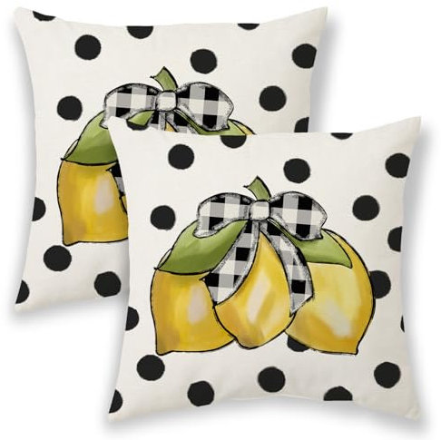 BETGINY 2 federe per cuscini estivi da esterno, 50 x 50 cm, colore giallo limone, nero e bianco a pois, decorative, per casa, divano, letto, ecc