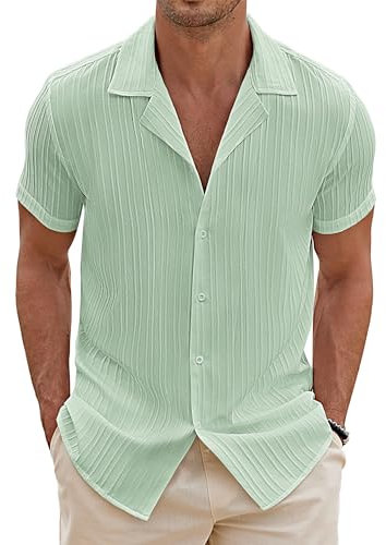 COOFANDY Chemise à manches courtes pour homme - Col cuban - Chemise hawaïenne à manches courtes - Chemise rayée Guayabera, Vert glacé, L