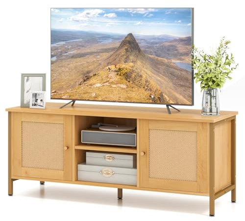 Multigot Rattan TV Stand for TVs up to 55 Inches, Wooden TV Cabinet Console Table with 2 Doors, Storage Shelves & 5 Metal Legs, Boho Media Entertainment Center for Living Room Bedroom (Natural+Gold)