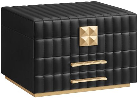 SONGMICS HOME ANAH Collection - 3-Tier Jewellery Box with Mirror, Jewellery Organiser with 2 Drawers, PU Surface with Stitching, Floating Effect, 21.5 x 24 x 15.8 cm, Gift Idea, Ink Black JBC183B01