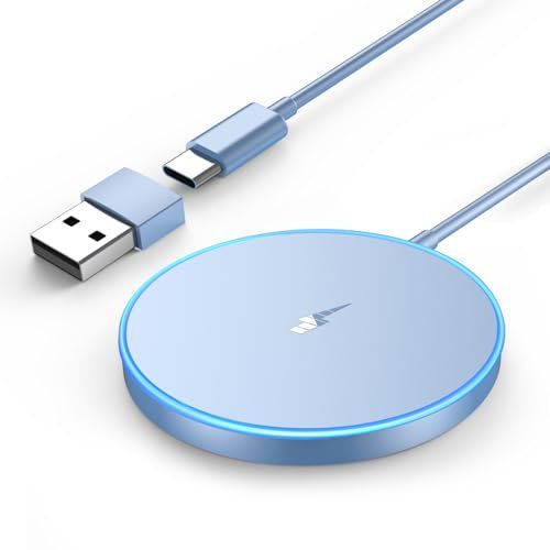 Magnetic Wireless Charger Fast Phone Mag-Safe Charger for i 15 Pro Max/15 Pro/15/15 Plus/14/13/12 Series AirPods 3/2/Pro/Pro 2 LED Magnet Charging Pad with Dual Charging Ports Blue
