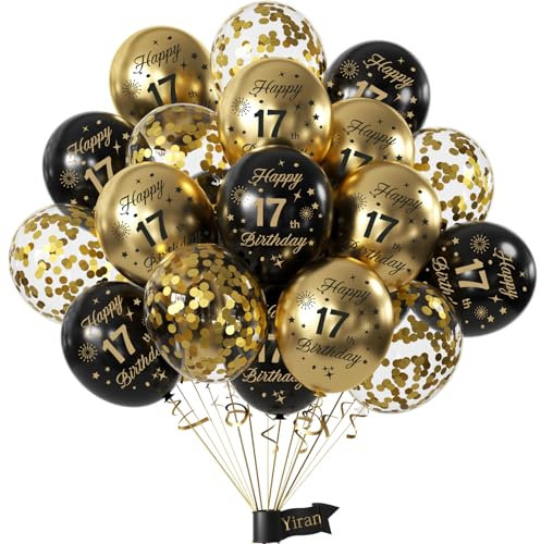 Yiran Luftballons 17.Geburtstag Deko,15 Stück 17.Geburtstag Junge Mädchen Schwarz Gold Deko, Happy Birthday Ballons Schwarz Gold Deko, Deko 17 Geburtstag Konfetti Luftballons, Birthday Party Deko