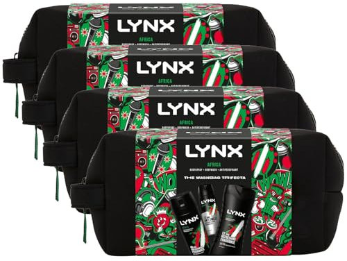 Lynx Africa THE TRIFECTA 48H Protection Body Spray 150ml, 12H Refreshing Body Wash 225ml and 72H Protection Anti Perspirant 150ml 3 Pieces Gift Set for Him with Washbag,4pk