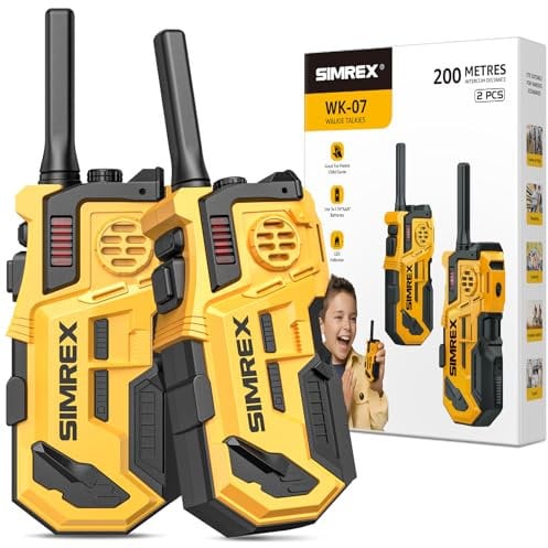 SIMREX Walkie Talkie für Kinder 2er Set, Spielzeug ab 3 4 5 6 7 8 Jahre, Walkie Talkie Kinder, Outdoor Spiele für Kinder Walki Talki Kinderspielzeug 200 Meters Reichweite, Gelb-Schwarz 