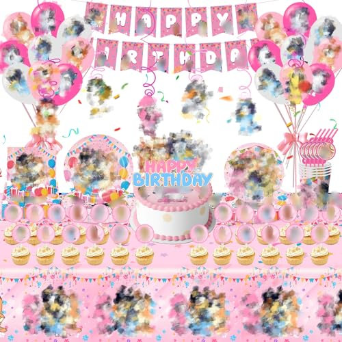 Birthday Party Decorations, 111PCS Party Tableware Set Party Supplies Balloons Character Birthday Decorations Cake Toppers Napkins Birthday Banner Plates Cup Party Tableware