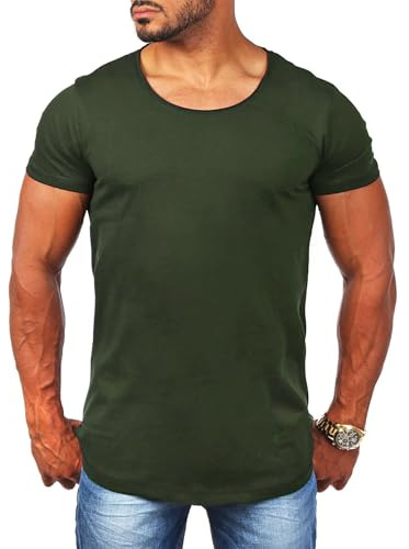 Young & Rich Herren Uni T-Shirt mit tiefem Rundhals Ausschnitt einfarbig körperbetontes Basic Tee Vintage Look 1702