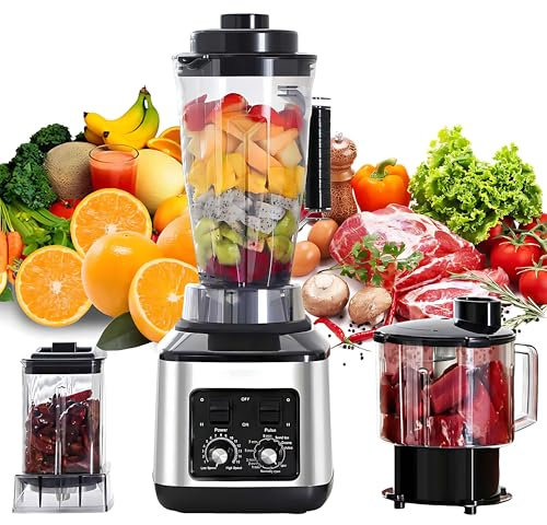 3-en-1 Power Blender Juicer Smothie Maker, 9500W Juicer Blender, 3L + 1,5L + 0,5L 3container Food Processor Blender, Vitesse 10000~19999 RPM, Hachoir à Viande à Brise-Paroi en Métal de Grande Capacité