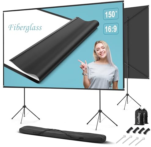 Outdoor Projector Screen with Stand 150 inch 16:9, Portable Projector Screen, 1.5 High Gain Fiberglass, Sturdy Backing, Wind-Resistant Movie Screen, Tripod/Wall Mounted, for Home Cinema/Backyard Party