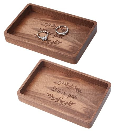PH PandaHall 2 bandejas de madera para anillos, 14 x 9 cm, grabadas, soporte para joyas, anillo de reloj, bandeja decorativa rectangular, organizador de joyas para aniversario, boda, aretes, regalo
