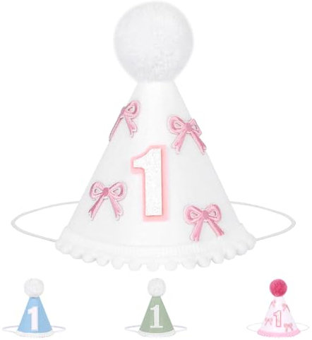 Winmany Baby 1. Geburtstag Hut Säugling Erster Geburtstag Kegel Kappe Kuchen Smash Party Foto Requisiten Kopfbedeckung Dekor für Mädchen Jungen (Weiße Schleife)