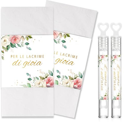 BOFUNX 50pcs Porta Fazzoletti Matrimonio Lacrime di Gioia + Etichette Adesivi Bolle di Sapone Bomboniere Matrimonio, Decorazione per Promessa di Matrimonio Nozze