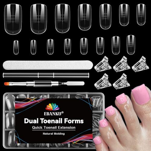 EBANKU 150PCS Poly Gel Nail Forms for Toes, Long Square Dual Forms for Polygel Pedi Nail Extension Poly Gel Toenails Set with Clips Brush Pe File, 15 Sizes