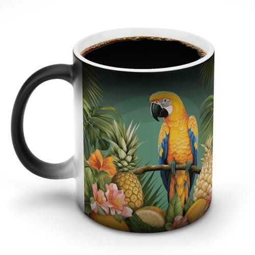 KWQDOZF Taza de café termocrómica con diseño de pájaro de pino y loro de verano, divertida y decolorante, con cambio de color y temperatura para oficina.