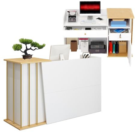 Empfangstheke Praxis, Verkaufstheke Ladentheke Tresen Holz, Empfangstresen mit Schaukasten Rezeptionstheke Friseur mit AbschließBaren Schubladen für Kassierer White 140cm