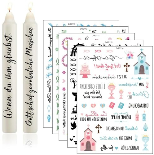GGUFAY 5x Kerzen-Tattoos Folie für Taufe & Kommunion, Kerzentattoos Taufe, Aufkleber mit Blattmotiven, Passend für Stabkerzen & Tassen, DIY-Geschenk, Taufkerze Selber Machen Set