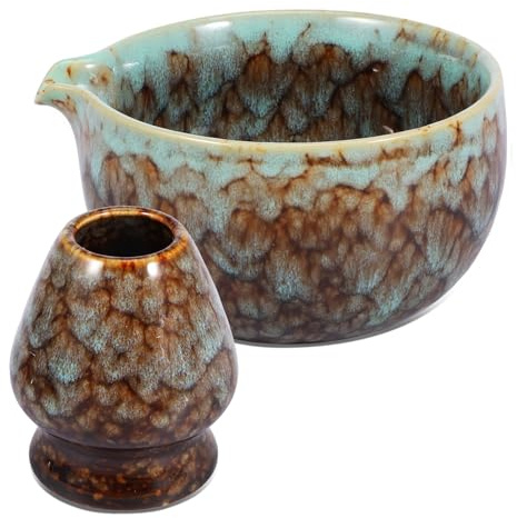 HuhWafee 2 ciotole giapponesi in ceramica con supporto per frusta, capacità 450 ml, set perfetto per cerimonie Chawan, ciotola da tè Matcha per principianti amanti del fai da te (marrone)