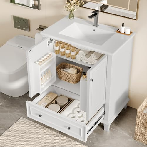 76x46x87cm Bodenstehender Badezimmerschrank mit Waschbeck, Waschtisch,Beine aus Massivholz, Volllackierung, feuchtigkeits- und wasserdicht, großer Stauraum, integriertes Keramikwaschbecken (weiß)