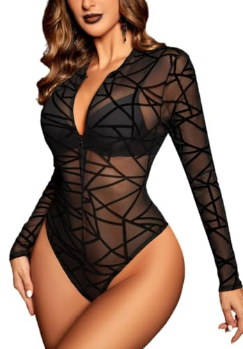 Avidlove Damen Sexy Body Mesh Top Langarm Oberteil Zipper Top Snap Crotch | Transparentes Netzdesign Leichtes atmungsaktives Elastisches Gewebe Party Shirt Rave Outfit Clubwear geeignet für Halloween