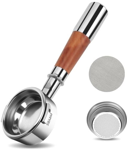 VINATO Porte-filtre Sans Fond 58mm - Compatible avec Breville Dual Boiler BES900XL, BES920XL, BES980XL, BES990BSS - En Acier Inoxydable avec Manche à Café en Noyer (2 Oreilles)