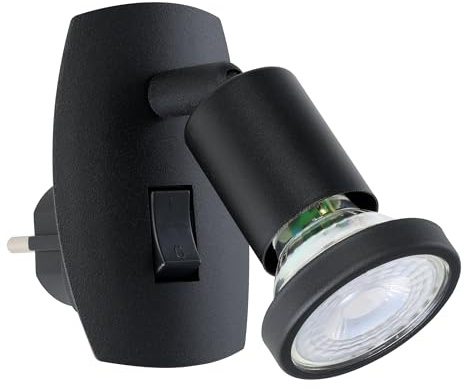 Eglo lampe à prise Parrini, luminaire avec interrupteur, spot orientable | métal et plastique noir, lumière blanc chaud