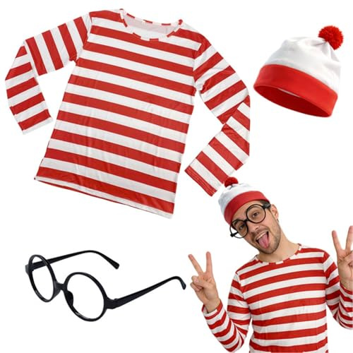 3 Stück Rot-Weiß Gestreiftes Set, Cosplay-Kostüm für Erwachsene Langärmlige Ärmel Strickmütze Brille Anime-Charaktere Fresher Kostüm für Karneval Retro Party Welttag Familie Kostüme Verkleidung