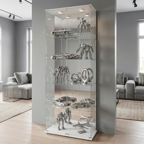 Zorvani Glasvitrine Standvitrine mit LED, Glasvitrine Stehend mit 5 Lagen Glas, Vitrinenschrank 2 TüR & Schloss Vitrine Glasschrank für Wohnzimmer Büro Sammlerstücke (5 Etagen, 2 Tür)