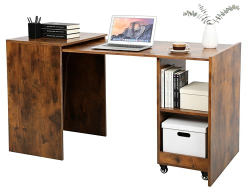 houcheyai Klappbarer Schreibtisch Ausziehbar mit Stauraum, Computertisch, Bürotisch mit 2 Regal, Klappschreibtisch für kleine Räume, Multifunktionaler Homeoffice Klapptisch für Schlafzimmer Küche