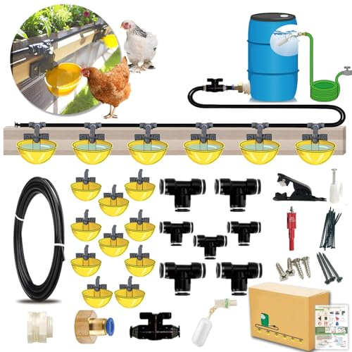 Set completo di irrigatori automatici per polli, innovativo sistema di irrigazione a connessione rapida con tazze d'acqua di grandi dimensioni, rimovibili e lavabili, tubazione da 6,4 m e valvola