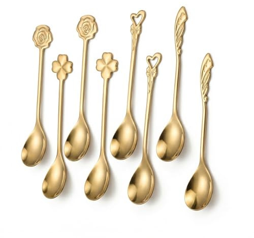 8 Piezas Cucharillas Cafe De Acero Inoxidable, 12,5 cm Cucharas De Postre, Cucharilla, Paleta Para Tartas, Cucharillas Postre Con Forma De Trébol De Cuatro Hojas, rosa, Ala y Corazón