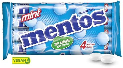 Mentos Kaubonbons Mint, Dragees mit Pfefferminz-Geschmack für frischen Atem, Multipack, Bonbon Vorrats-Packung, Verkaufsdisplay (4 Rollen), vegan