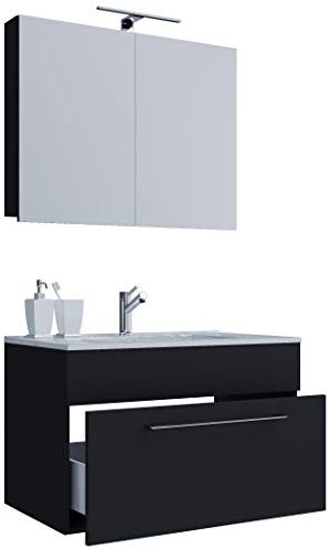 VCM 3-TLG. Waschplatz Waschtisch | Waschbecken Unterschrank Breite 60 cm | Badmöbel Set hängend mit Einer Schublade Spiegelschrank | Badinos