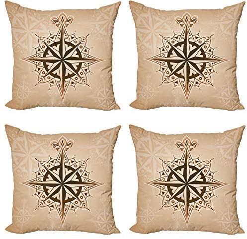 ABAKUHAUS Kompass Dekokissen Kissenbezug 4er Pack, Segeln Theme, Modern Accent Doppelseitiger Digitaldruck, 40 x 40 cm, Braun Hellbraun