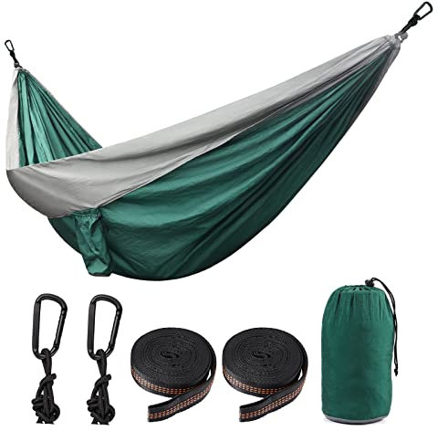 Yumcute Hängematte, Ultraleichte Reise Outdoor Camping Hammock 260 x 140cm, Leicht und Langlebig, Tragfähigkeit bis zu 300 kg mit Tragetasche für Campingreisen im Freien (Dunkelgrün Grau)