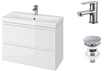 VBChome Badmöbel Set 80 cm Slim Weiß | Modernes Waschbecken mit Unterschrank, 2 Schubladen, Armatur & Pop-Up Click-Clack Ventil | Stilvoller Waschtisch für Bad & Gäste-WC, Platzsparend & Elegant
