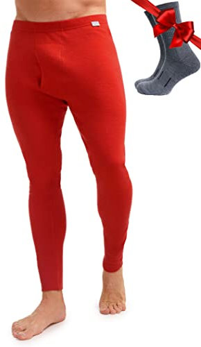 Merino Unterwäsche Herren - Lange Unterhosen Herren Merino Thermounterwäsche + Wollsocken(X-Large, 250 Cherry Red)