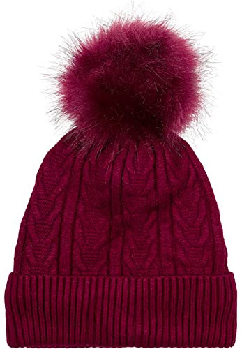 styleBREAKER Damen Feinstrick Bommelmütze mit Zopfmuster, Kunstfell Bommel Mütze, gefütterte Winter Strickmütze 04024100, Farbe:Bordeaux-Rot
