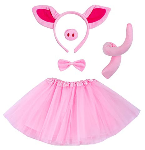 baotongle Schwein Kostüm Set Kinder Tutu Rock Kostüm Ohren Schwanz und Fliege Set, Rosa Tier Schwein Schweineohr Stirnband, Faux Schweineschnauze,Halloween Cosplay Party Dekoration