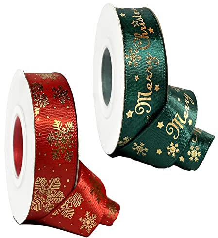 20 Yards Schleifenband Weihnachten, 2 Rollen Weihnachtsbänder Grün/Rot Geschenkband Weihnachten, 20mm Breite Satinband mit Weihnachtsmotiv für Geschenk Weihnachtsbaum Dekoration (10 Yards/Rollen)