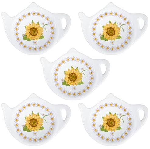 Bicuzat Floral Tea Bag Holder Tea Porcelain Accessories Teapot Shaped Tea Bag Coaster Resting Caddy Saucer 4 Inch/10cm-Sunflower and Daisy Pattern-Set of 5