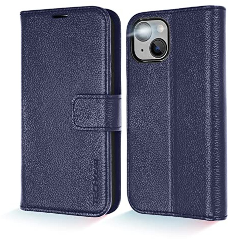 TECHGEAR Wallet Case for iPhone 14 Plus, Genuine Leather Magnetic Flip [RFID Blocking] Case with Shockproof TPU Holder, Card Slots, Stand Folio Cover Compatible with iPhone 14 Plus 6.7 2022, Blue