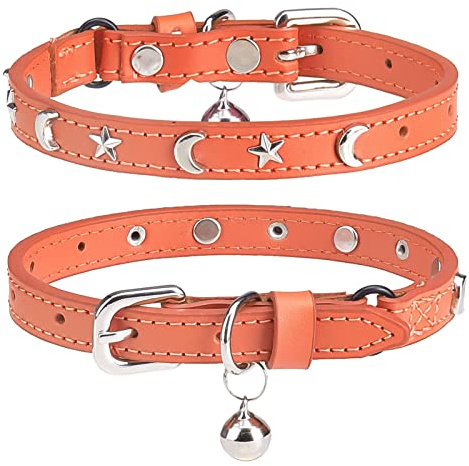 Leather Cat Collars for Boy Girl Cats with Bell and Safety Elastic Belt, Personalized Star and Moon Stud Adjustable Safe Buckle Collar for Kitty Small Big Cats Size 8-12 Inch, Orange